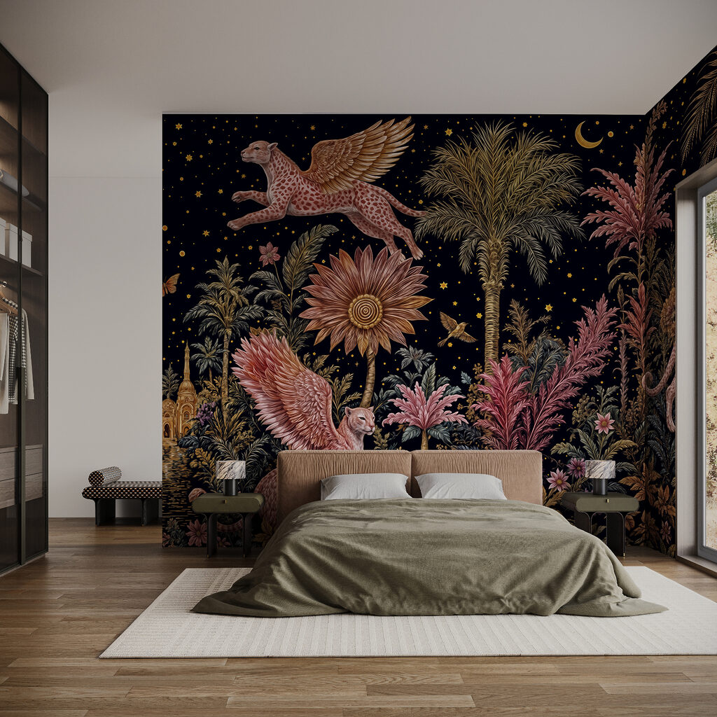 Tableau représentant un chat et un léopard, avec des ailes et des fleurs Tableau représentant un chat et un léopard, avec des ailes et des fleurs