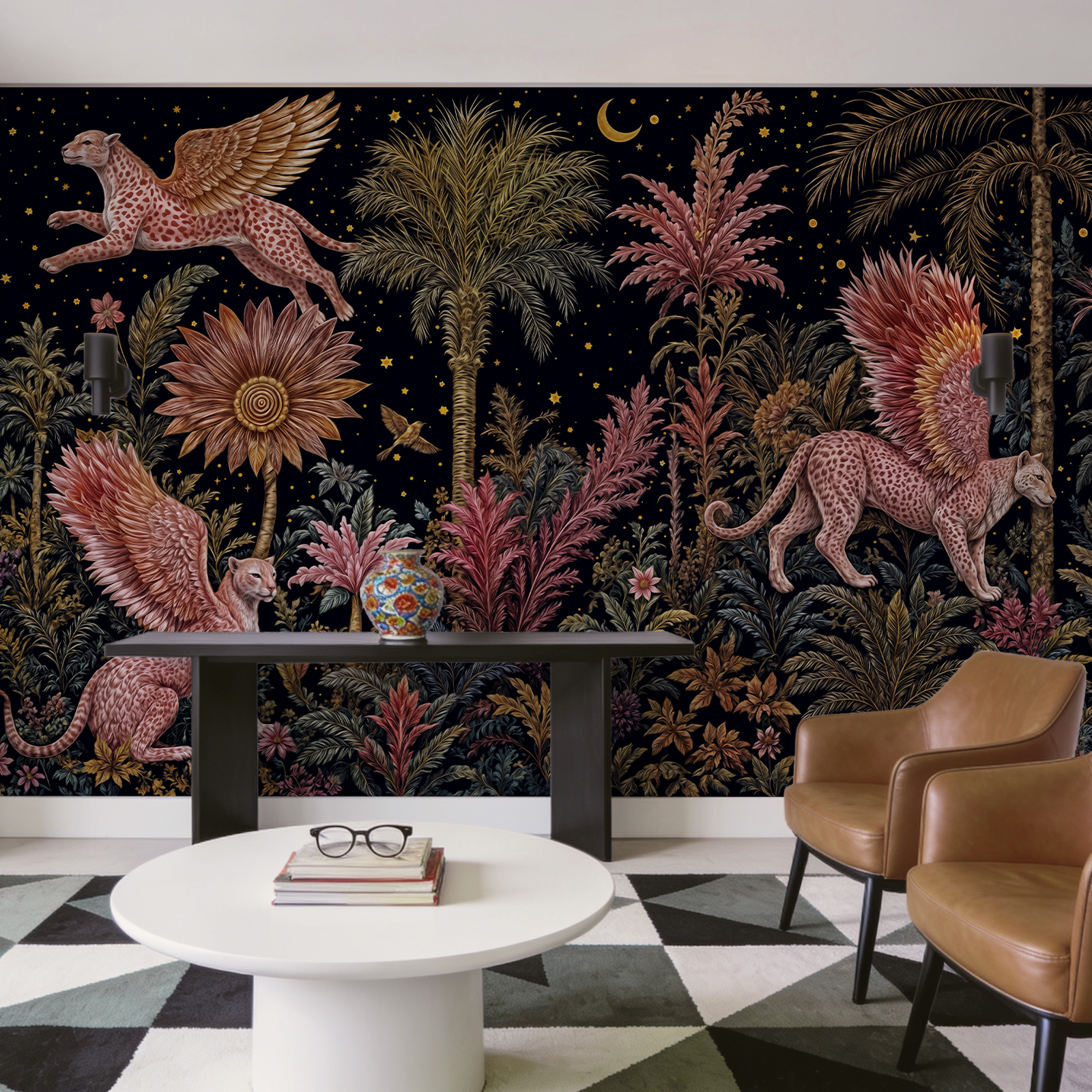 Tableau représentant un chat et un léopard, avec des ailes et des fleurs Tableau représentant un chat et un léopard, avec des ailes et des fleurs