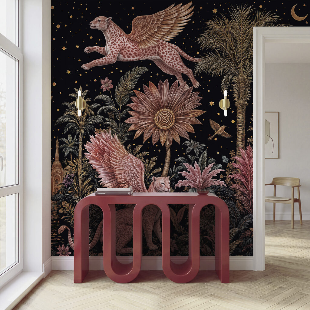 Tableau représentant un chat et un léopard, avec des ailes et des fleurs Tableau représentant un chat et un léopard, avec des ailes et des fleurs