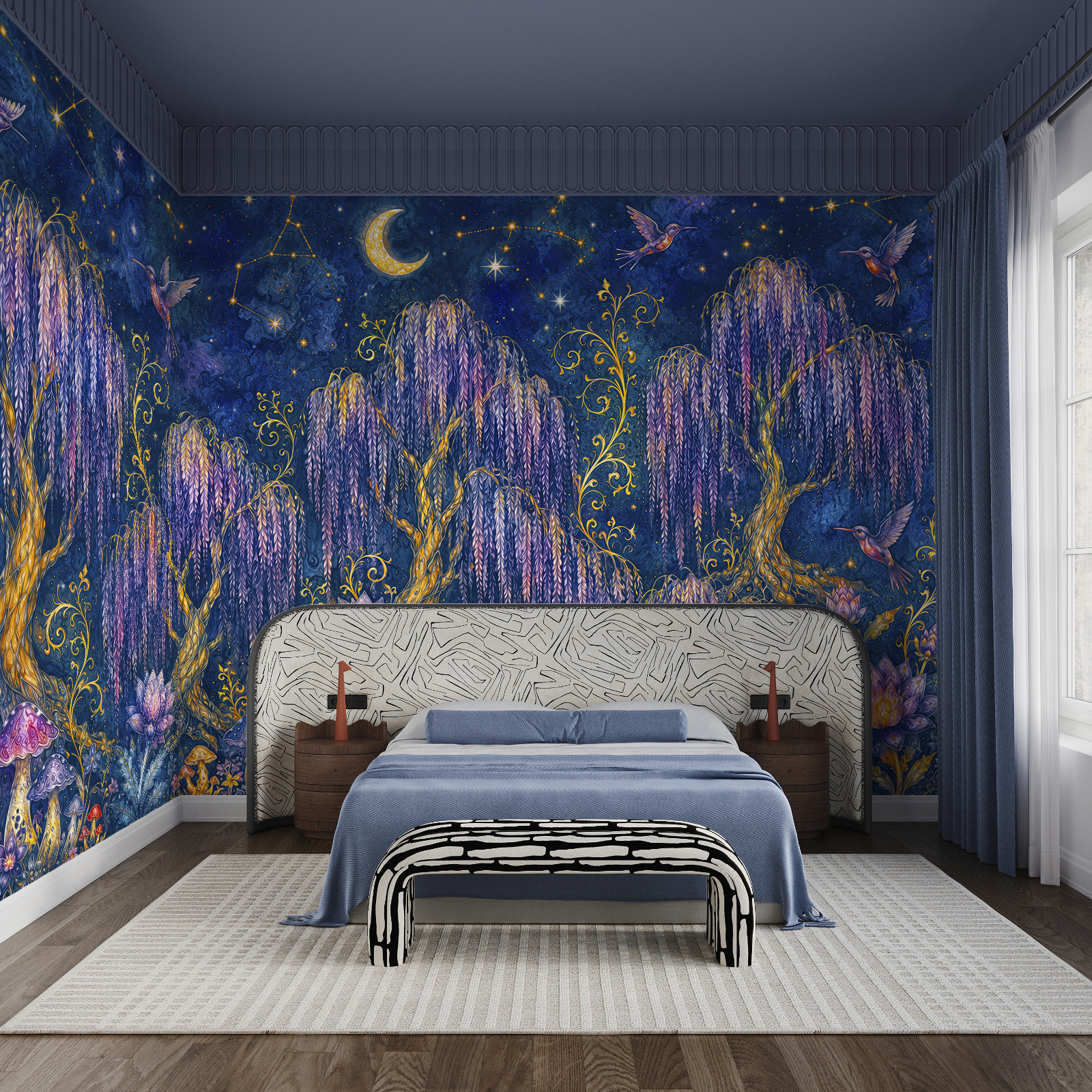 Tableau représentant une forêt avec des oiseaux et des fleurs Tableau représentant une forêt avec des oiseaux et des fleurs