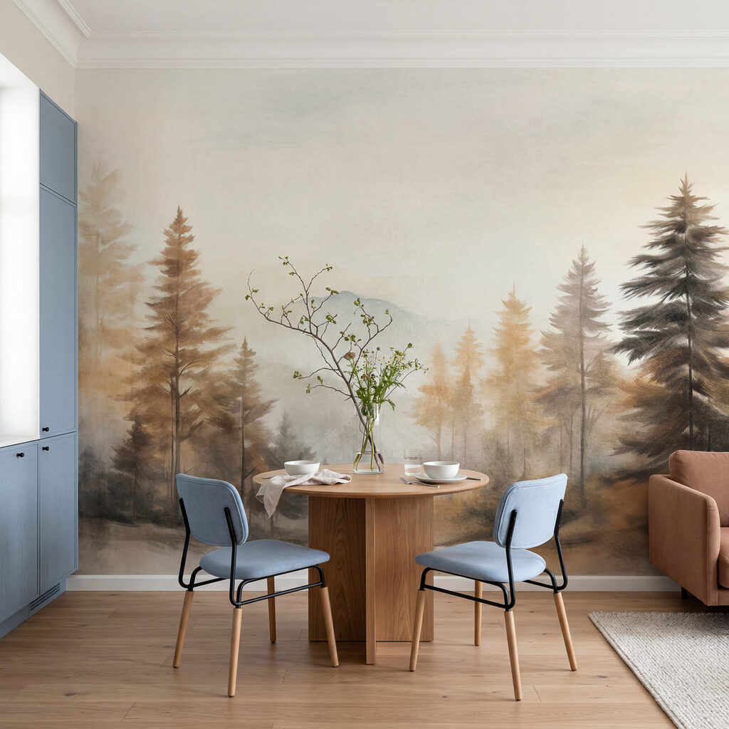Tableau représentant des arbres dans une forêt brumeuse Tableau représentant des arbres dans une forêt brumeuse