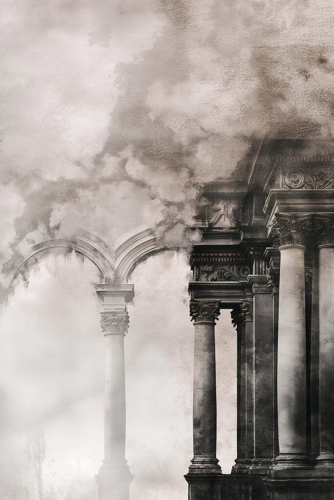 Building with columns and smoke