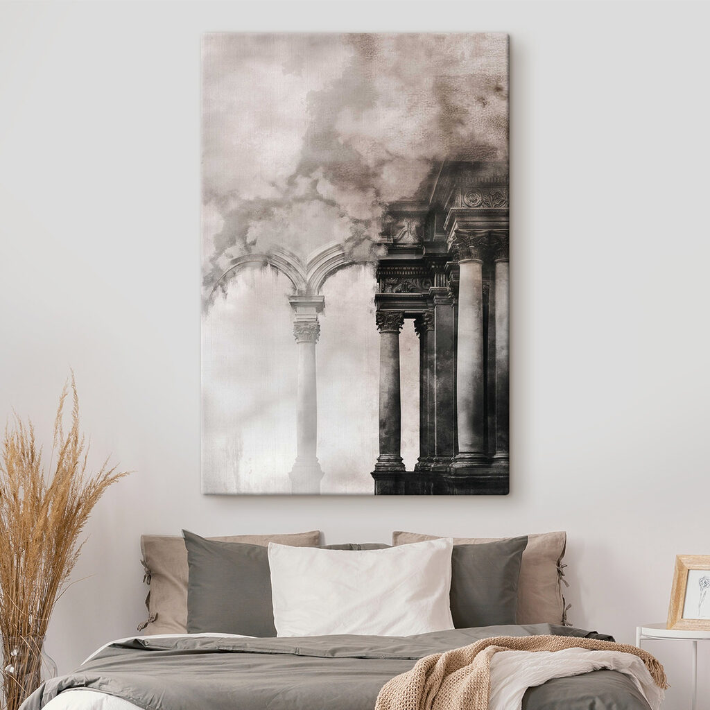 Building with columns and smoke