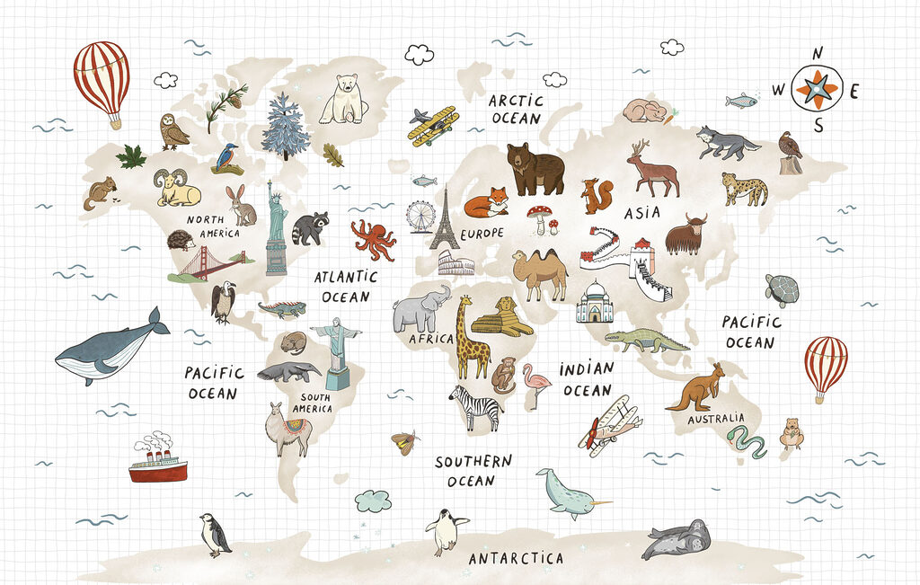 Map of the world with animals