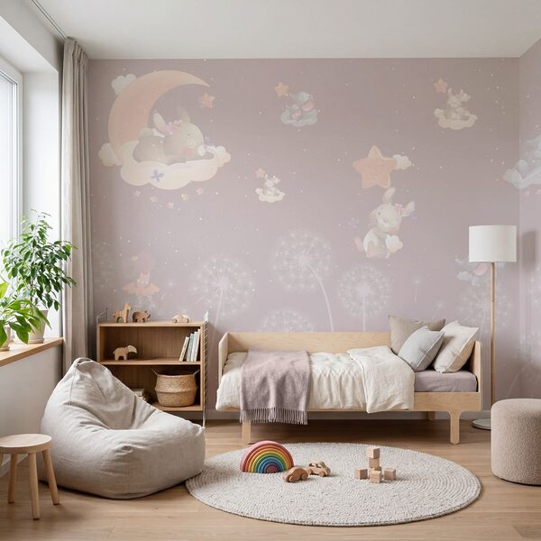 Papier peint avec des lapins et des pissenlits