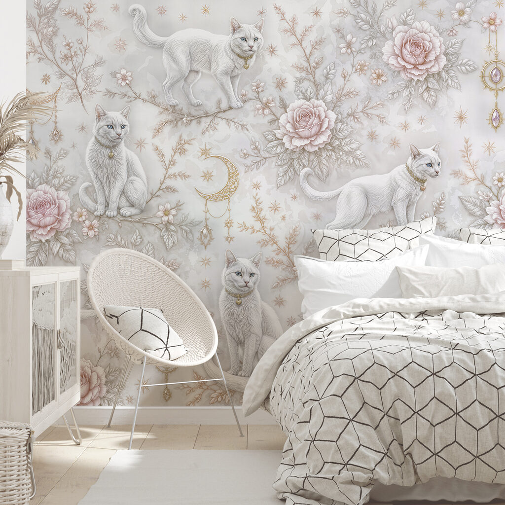 Papier peint avec des chats blancs et des fleurs Papier peint avec des chats blancs et des fleurs