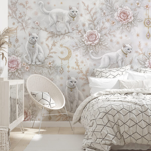 Papier peint avec des chats blancs et des fleurs Papier peint avec des chats blancs et des fleurs