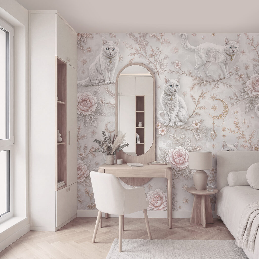 Papier peint avec des chats blancs et des fleurs Papier peint avec des chats blancs et des fleurs