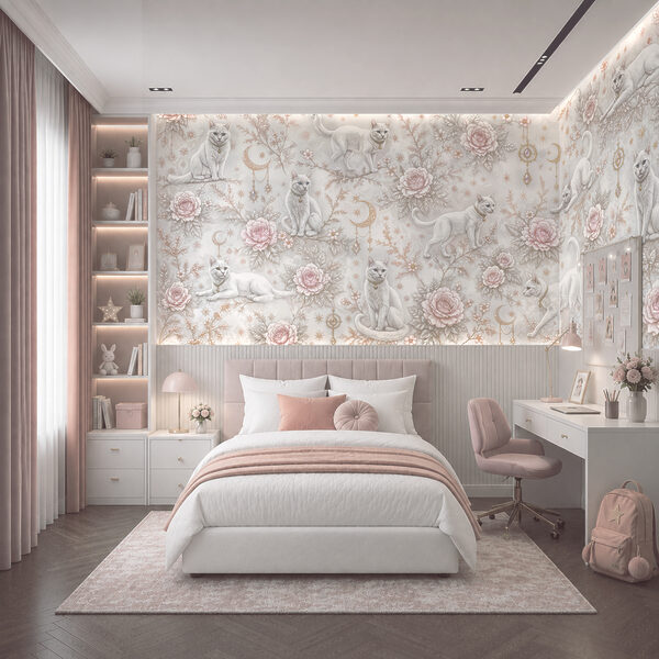 Papier peint avec des chats blancs et des fleurs Papier peint avec des chats blancs et des fleurs