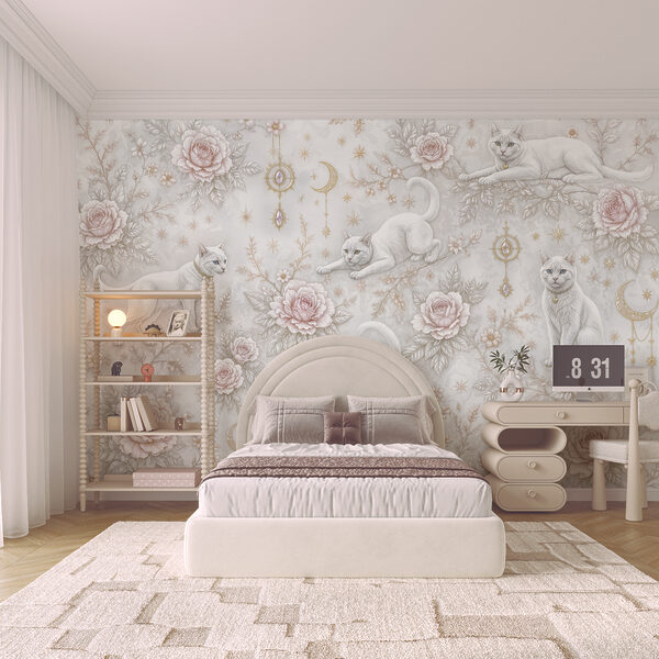 Papier peint avec des chats blancs et des fleurs Papier peint avec des chats blancs et des fleurs