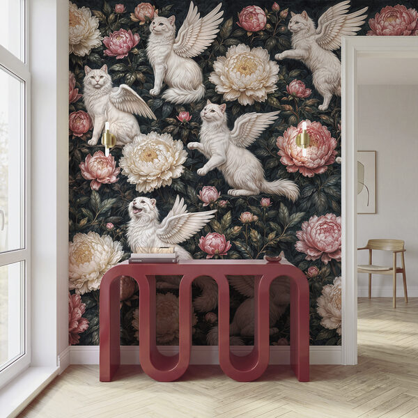 Groupe de chats blancs avec des ailes et des fleurs Groupe de chats blancs avec des ailes et des fleurs