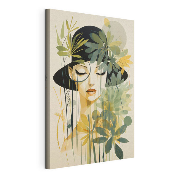 Tableaux Tableaux Femme avec un chapeau noir et des feuilles vertes (UGS : s50250)