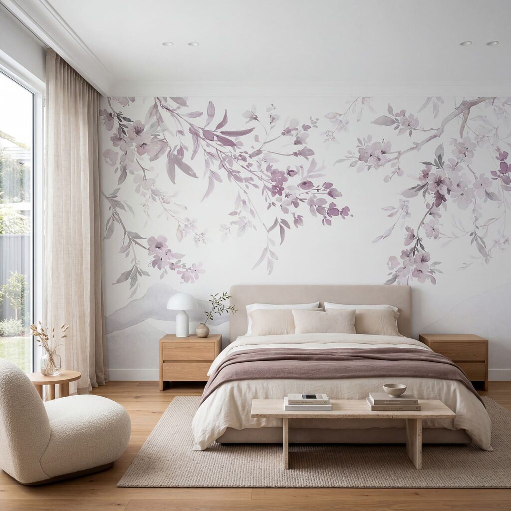 Peinture représentant une branche d'arbre ornée de fleurs violettes Peinture représentant une branche d'arbre ornée de fleurs violettes
