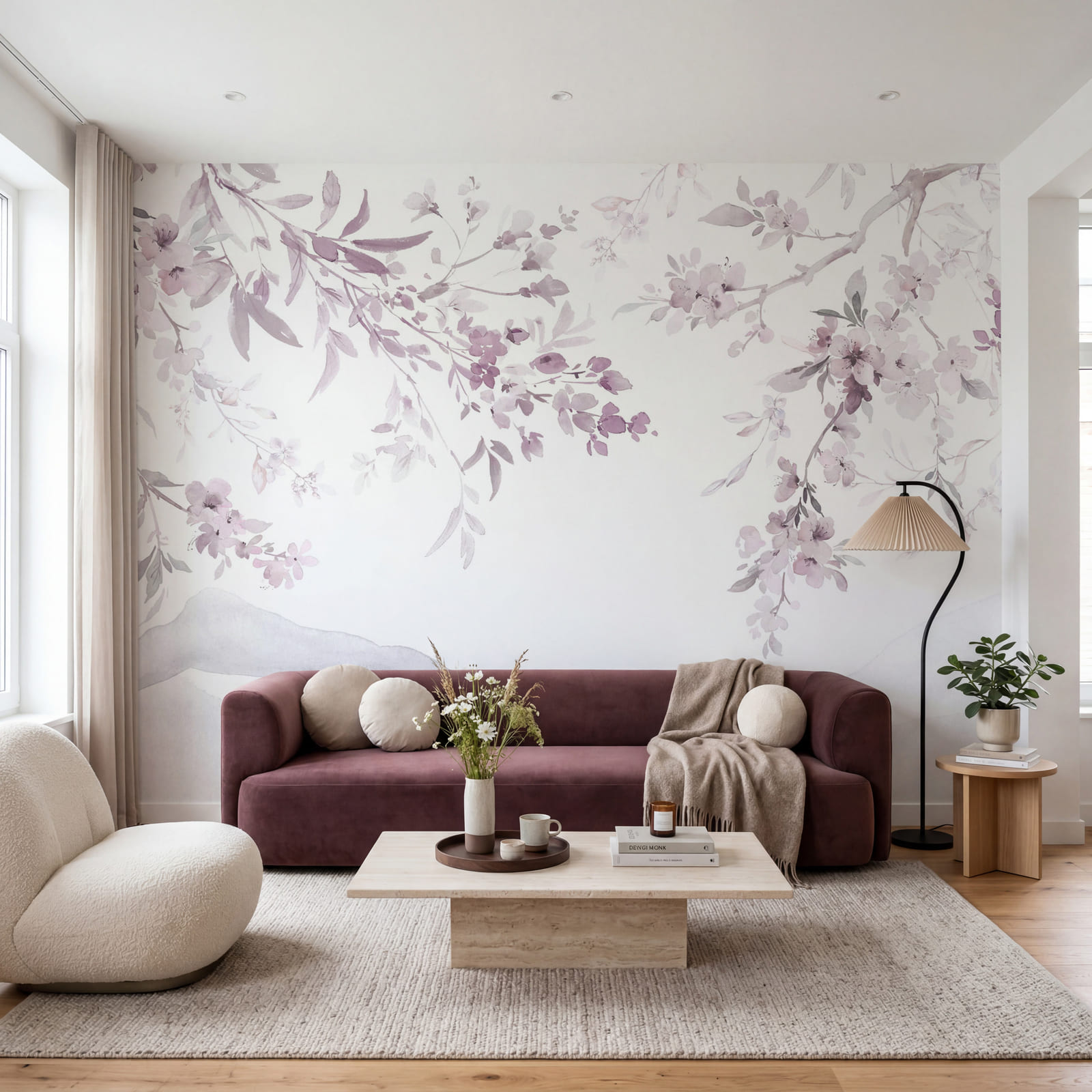 Peinture représentant une branche d'arbre ornée de fleurs violettes Peinture représentant une branche d'arbre ornée de fleurs violettes