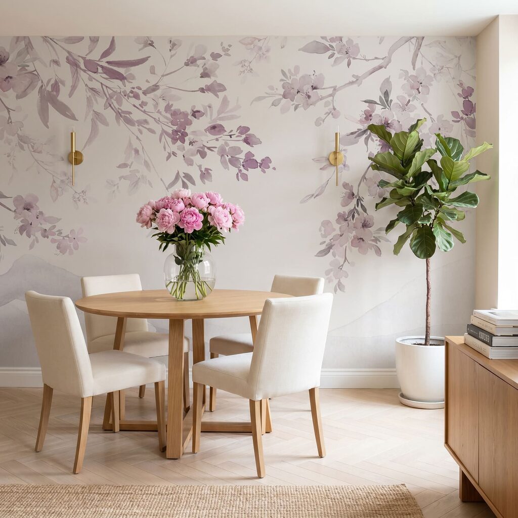 Peinture représentant une branche d'arbre ornée de fleurs violettes Peinture représentant une branche d'arbre ornée de fleurs violettes