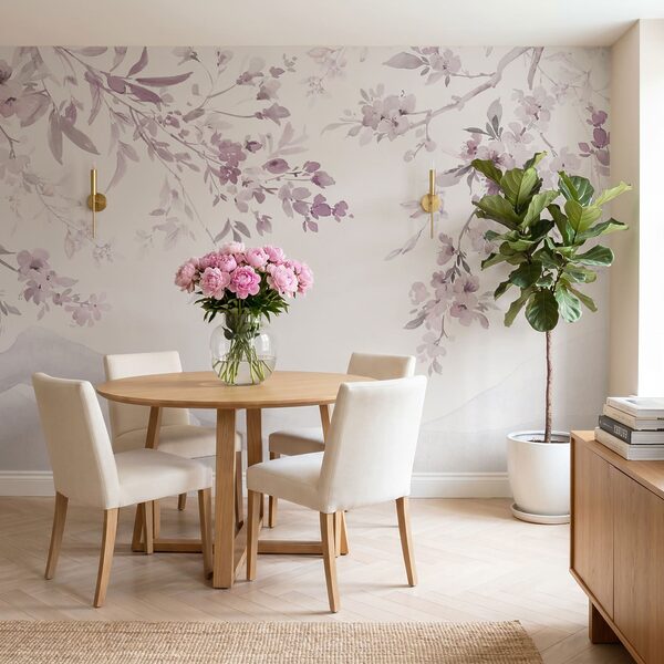 Peinture représentant une branche d'arbre ornée de fleurs violettes Peinture représentant une branche d'arbre ornée de fleurs violettes
