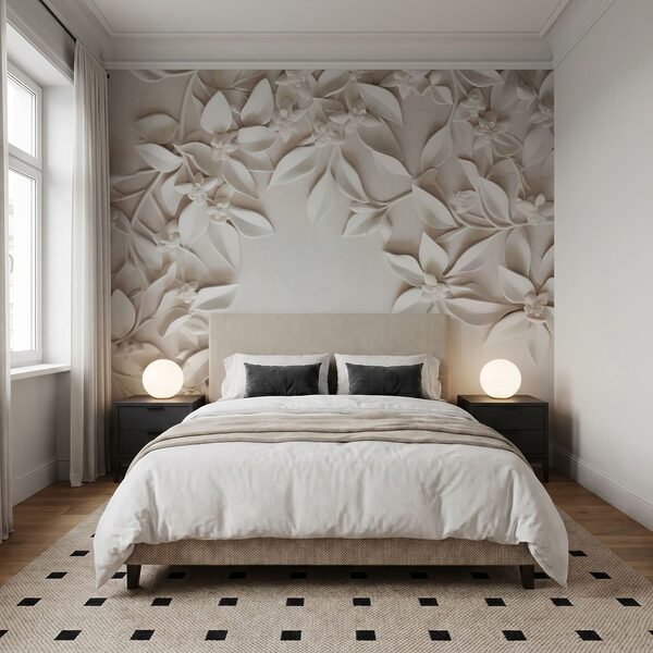 Mur blanc orné de fleurs et de feuilles blanches Mur blanc orné de fleurs et de feuilles blanches