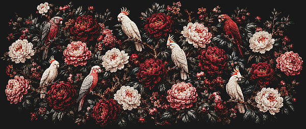 Painting of birds on a branch with flowers