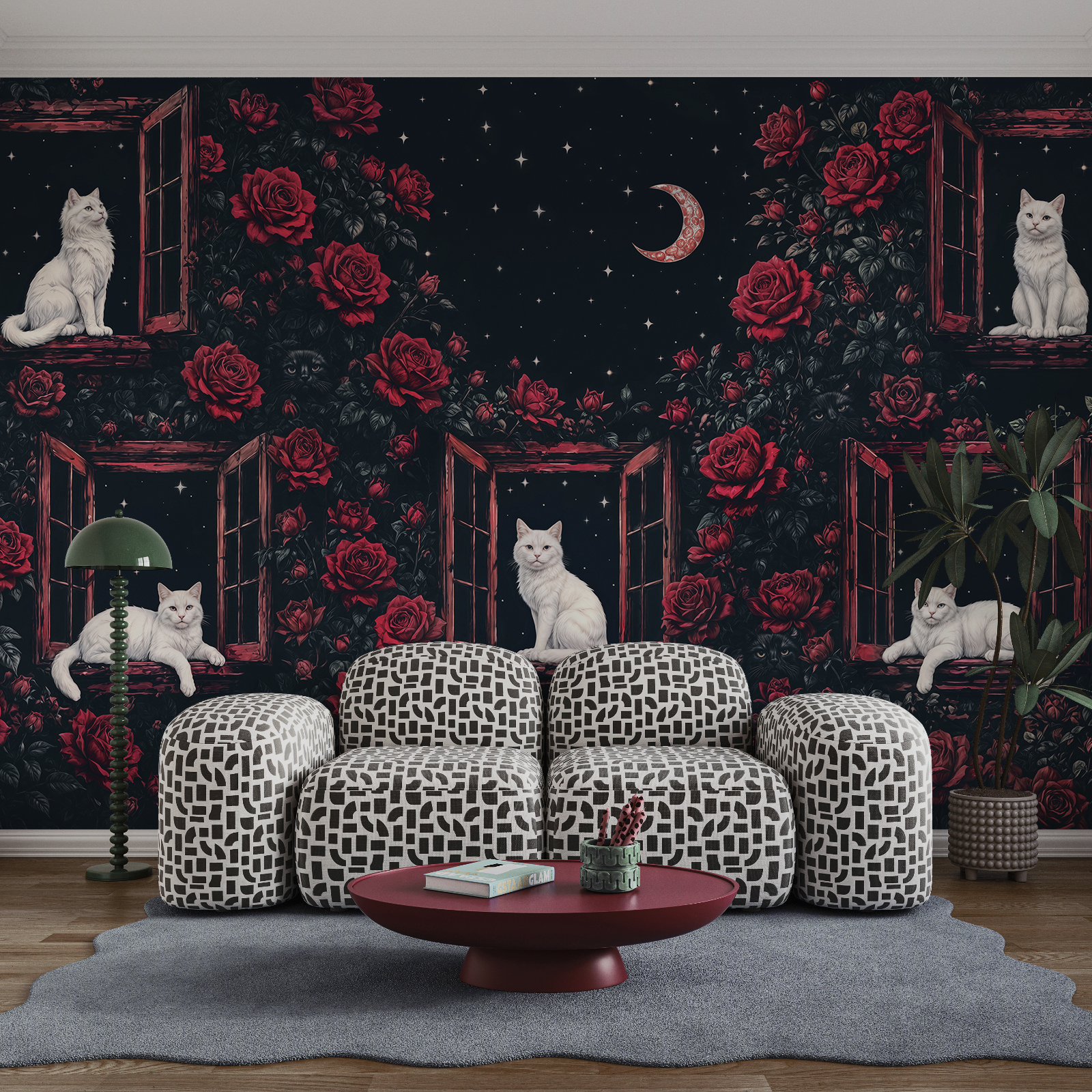 Un groupe de chats assis sur des rebords de fenêtre, au milieu des roses