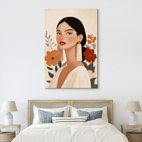 Woman with long earrings and flowers