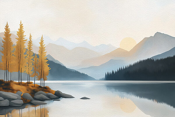 Lake with trees and mountains in the background