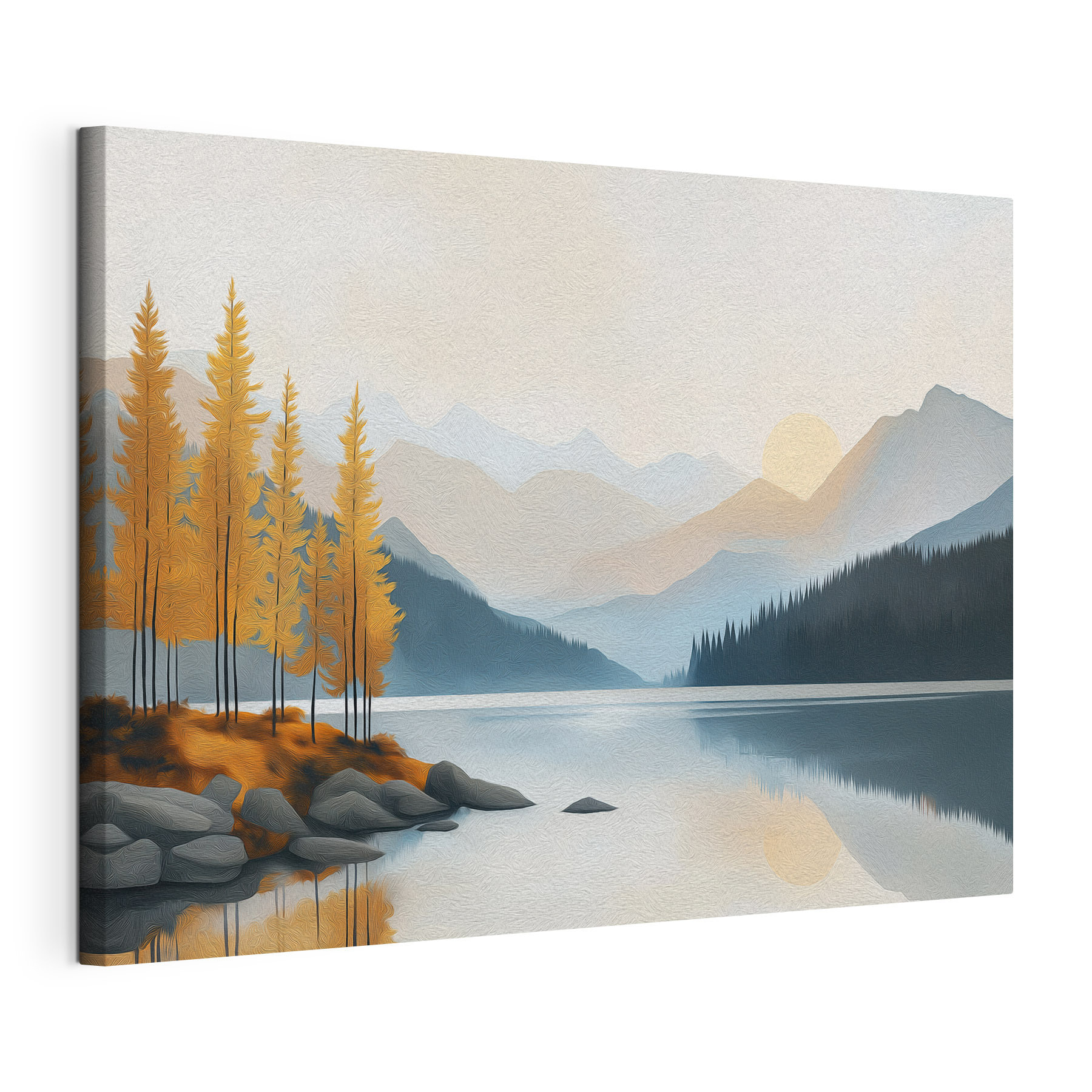 Lake with trees and mountains in the background