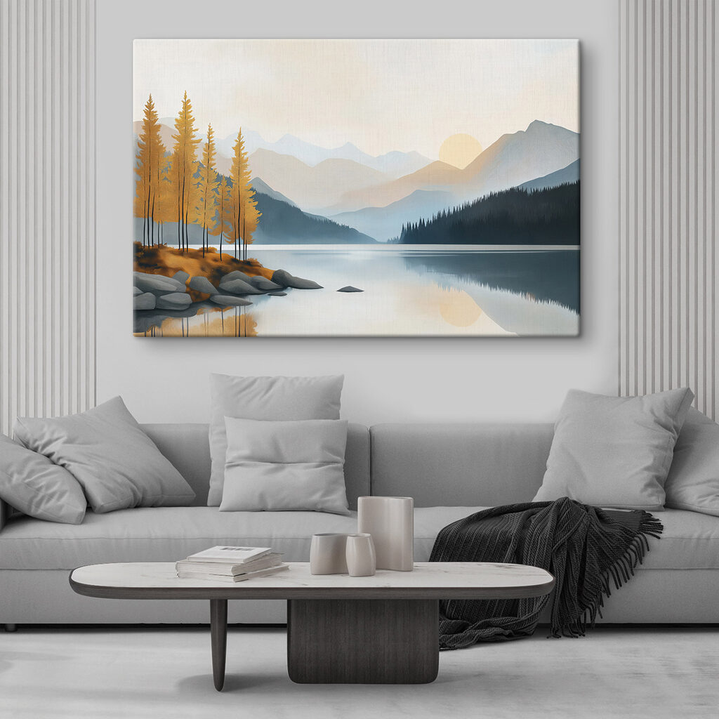 Lake with trees and mountains in the background