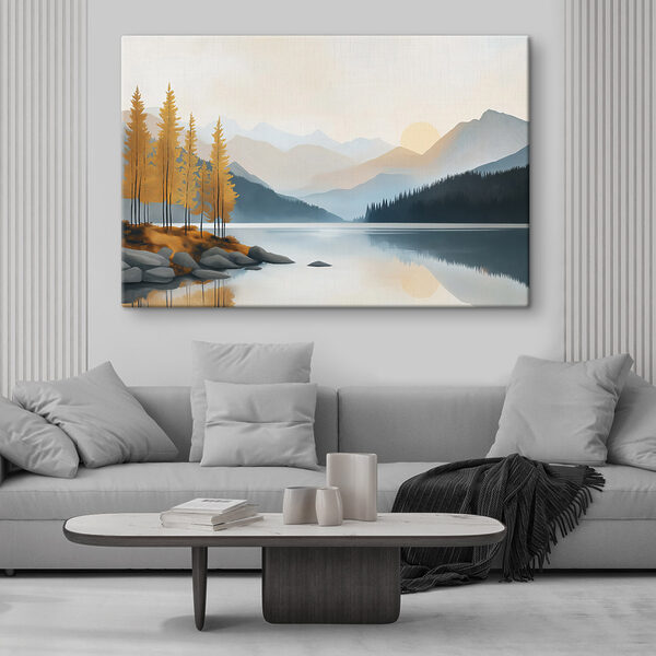 Lake with trees and mountains in the background