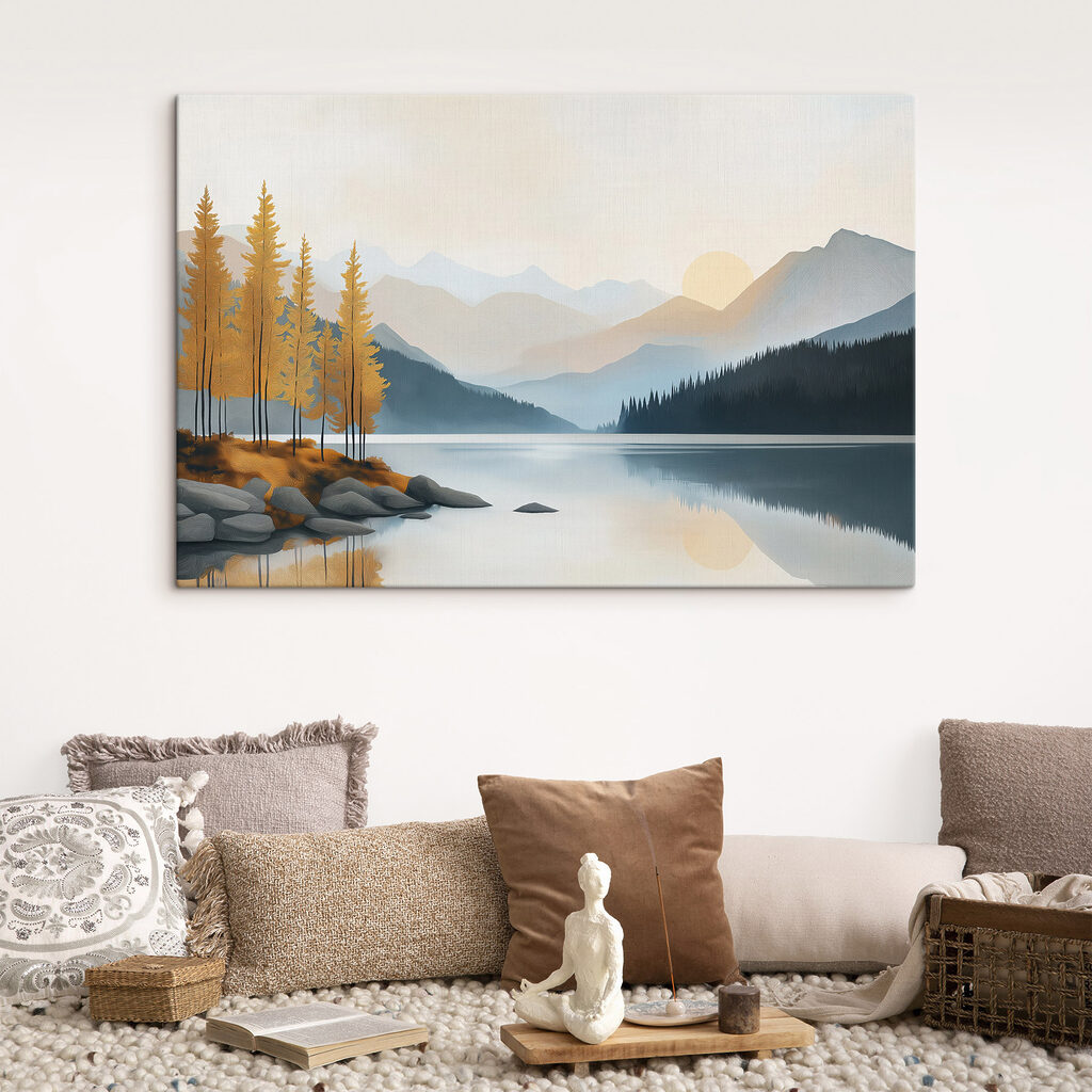 Lake with trees and mountains in the background