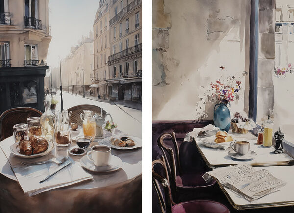 Watercolor painting of a table with food and drinks on it