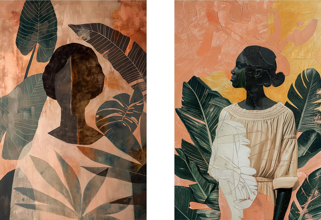 Collage of paintings of a woman and a woman with leaves