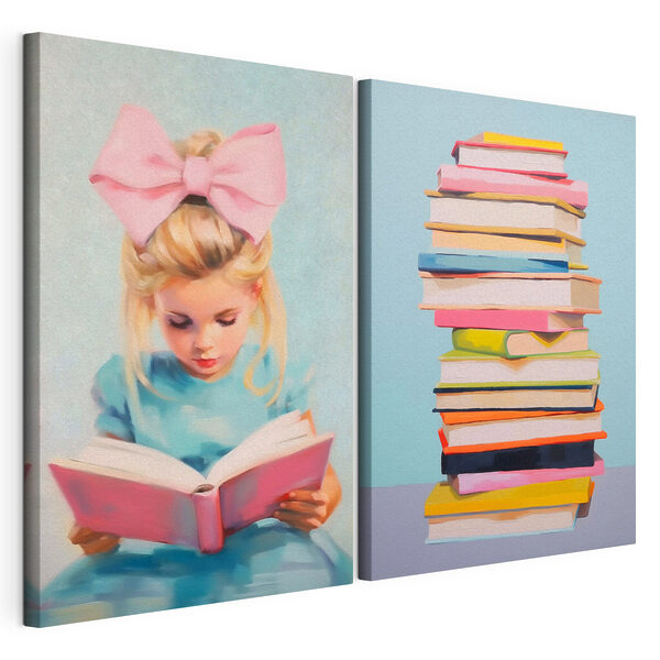 Une jeune fille en train de lire un livre et une pile de livres Impression sur toile modulaire Une jeune fille en train de lire un livre et une pile de livres