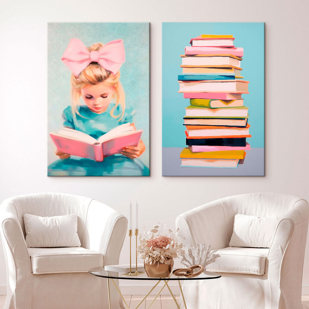Girl reading a book and a stack of books Girl reading a book and a stack of books
