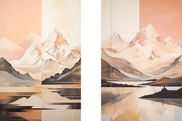Painting of mountains and a lake