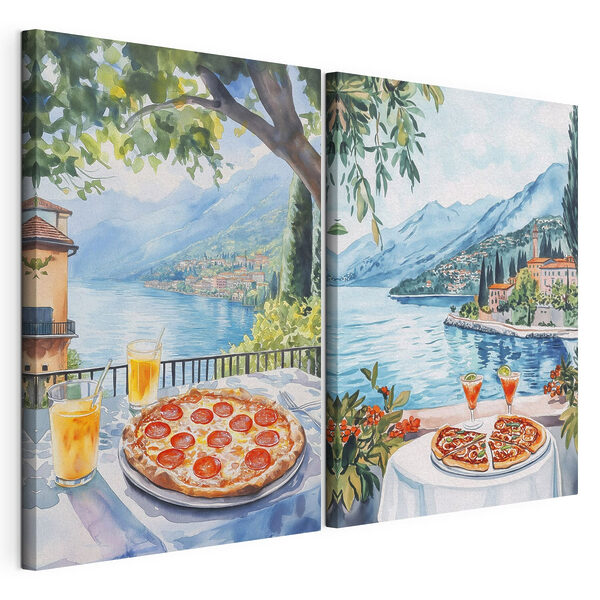 Aquarelle représentant une table sur laquelle sont posées des pizzas et des boissons Impression sur toile modulaire Aquarelle représentant une table sur laquelle sont posées des pizzas et des boissons