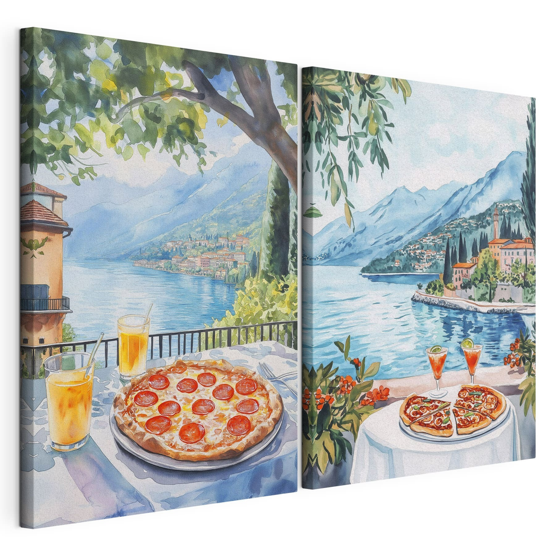 Watercolor painting of a table with pizzas and drinks on it Watercolor painting of a table with pizzas and drinks on it