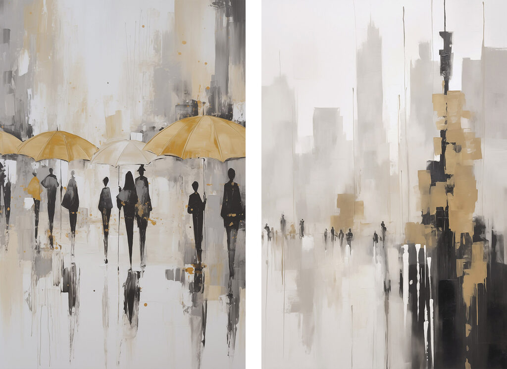 Painting of people walking with umbrellas Painting of people walking with umbrellas
