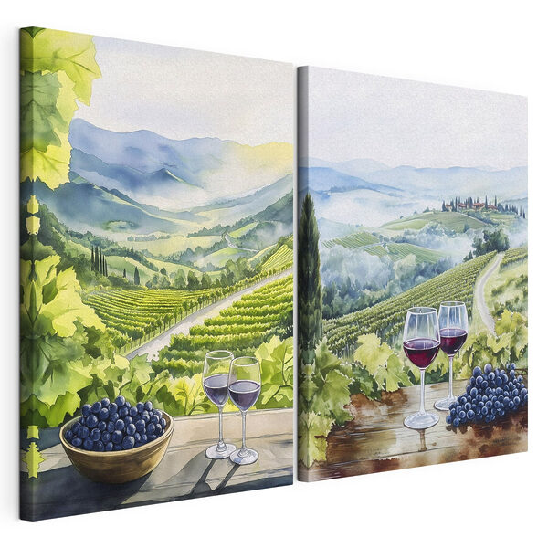 Peinture représentant des verres à vin et des raisins posés sur une table Impression sur toile modulaire Peinture représentant des verres à vin et des raisins posés sur une table