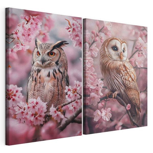 Collage représentant des chouettes perchées sur une branche d'arbre Impression sur toile modulaire Collage représentant des chouettes perchées sur une branche d'arbre