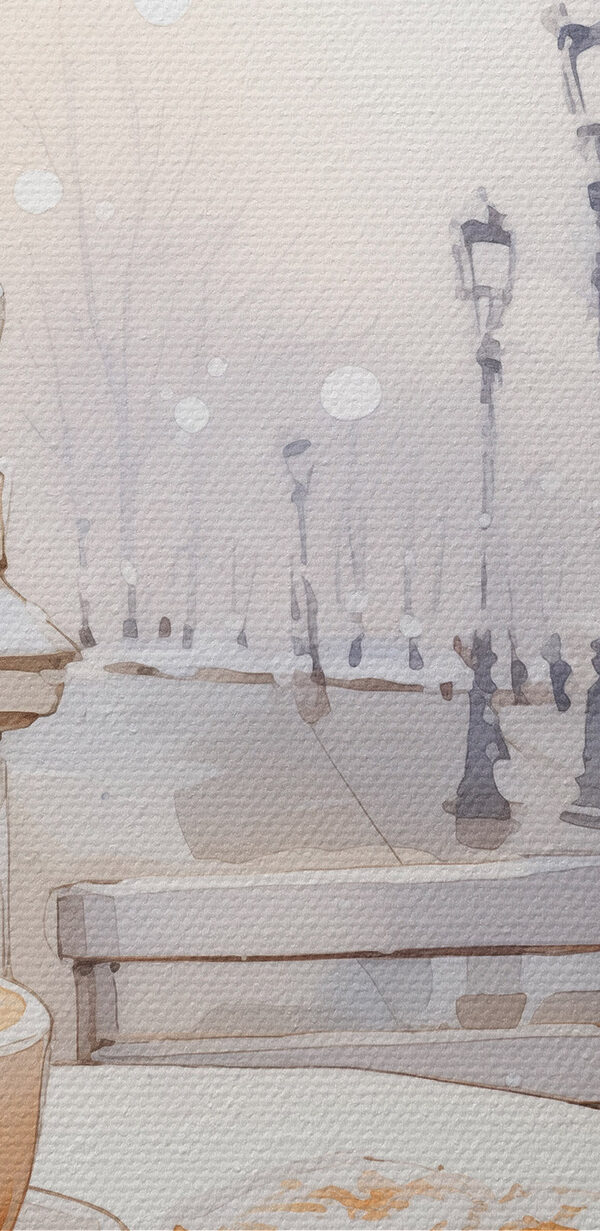 Painting of a street with a table and chairs Painting of a street with a table and chairs