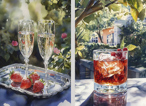 Watercolor painting of glasses of wine and strawberries Watercolor painting of glasses of wine and strawberries