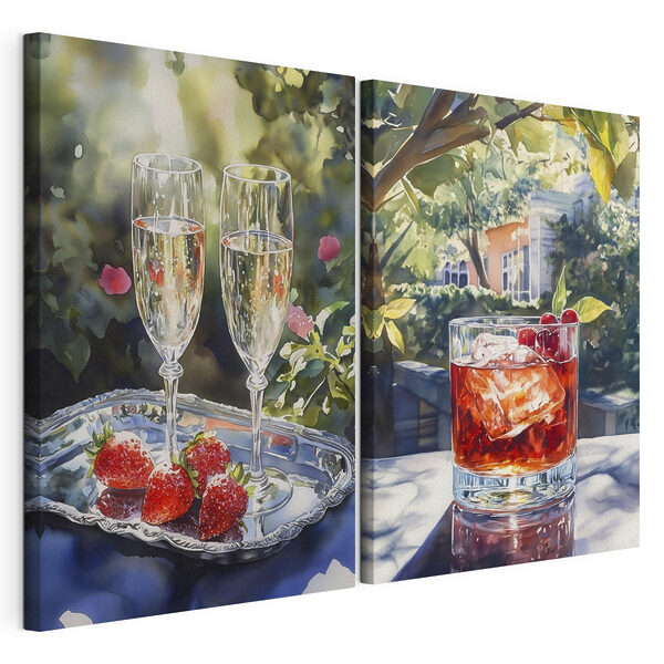 Impression sur toile modulaire Aquarelle représentant des verres de vin et des fraises