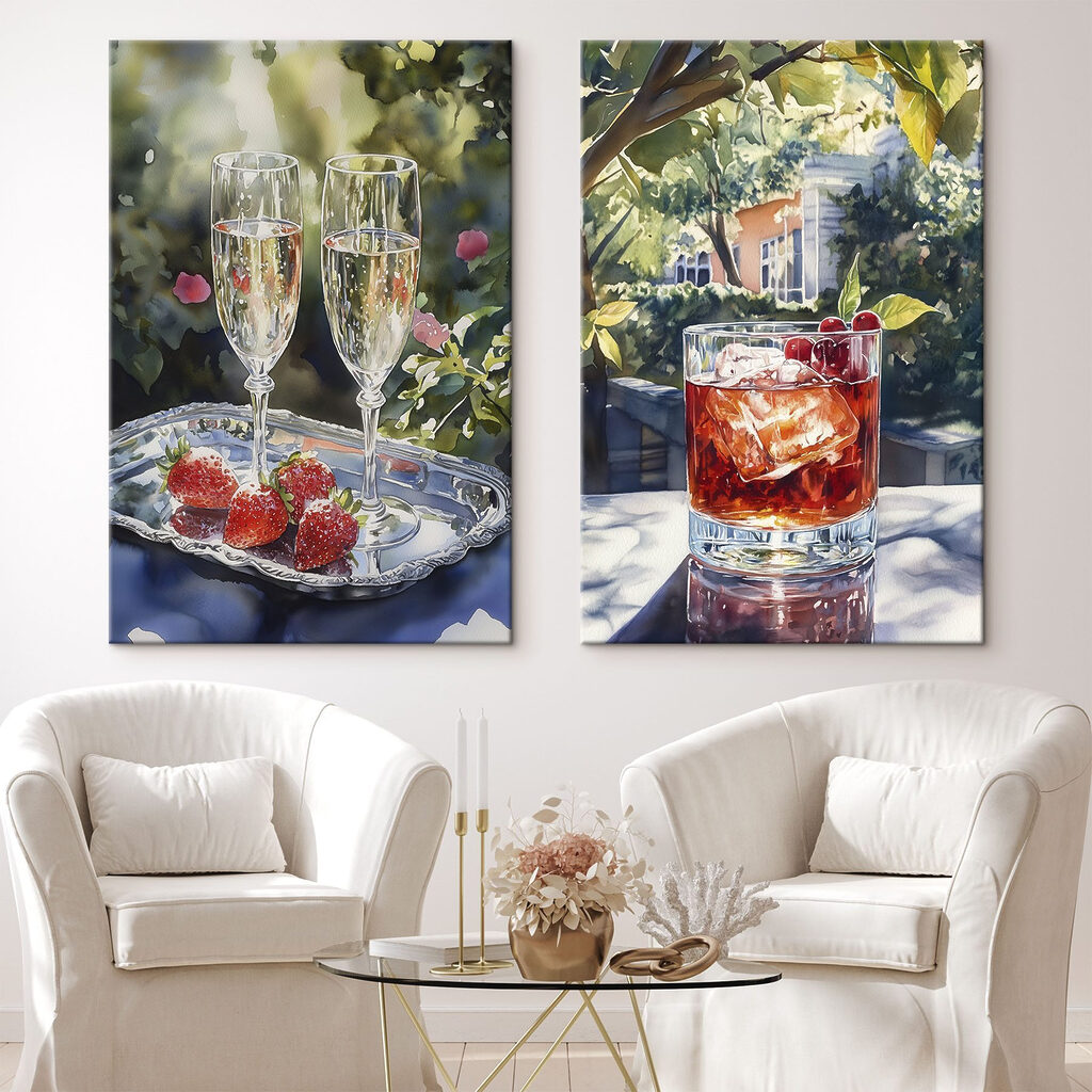 Watercolor painting of glasses of wine and strawberries Watercolor painting of glasses of wine and strawberries