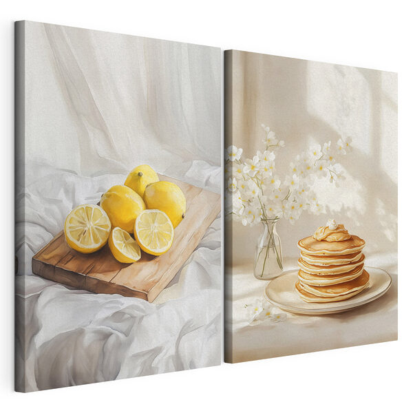 Des citrons sur une planche à découper et une pile de crêpes Impression sur toile modulaire Des citrons sur une planche à découper et une pile de crêpes