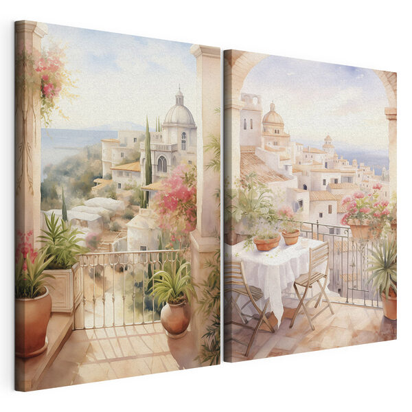 Tableau représentant un balcon avec une table et des chaises, et un balcon offrant une vue sur une ville Impression sur toile modulaire Tableau représentant un balcon avec une table et des chaises, et un balcon offrant une vue sur une ville