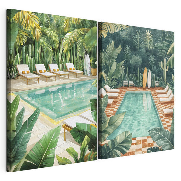Piscine et chaises longues dans un cadre tropical Impression sur toile modulaire Piscine et chaises longues dans un cadre tropical