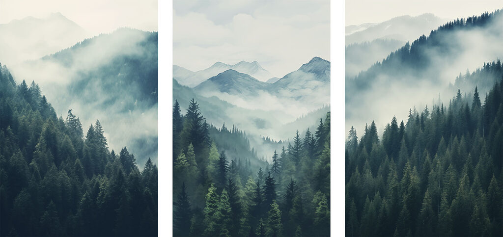 Group of mountains with trees and fog