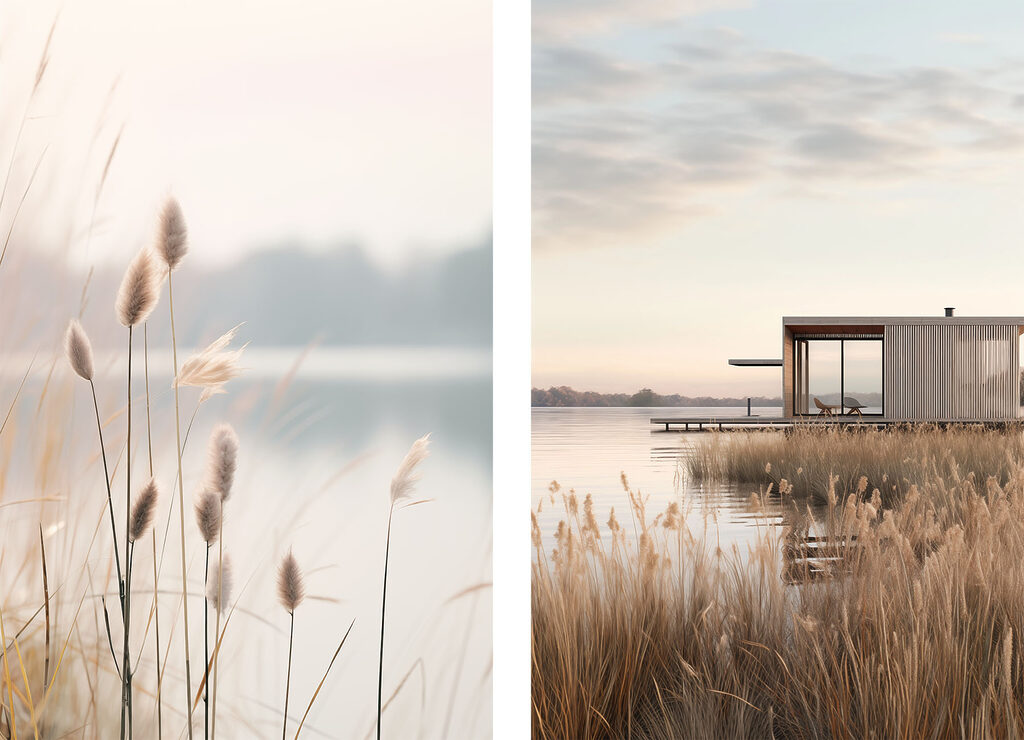 Lake with a dock and a small building Lake with a dock and a small building