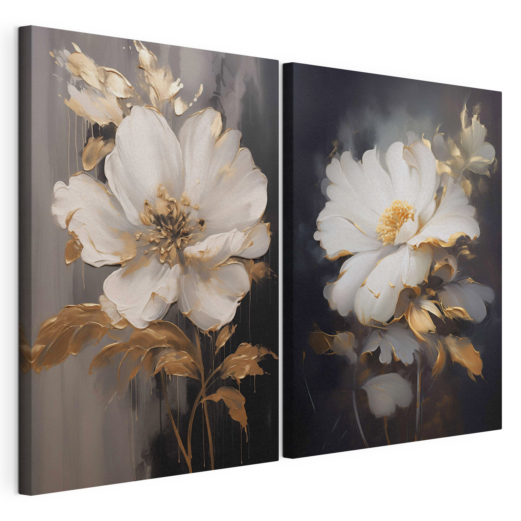 Two paintings of flowers on a black background Two paintings of flowers on a black background