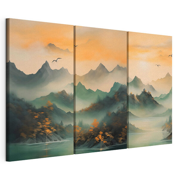 Massif montagneux avec de l'eau et des oiseaux en vol Impression sur toile modulaire Massif montagneux avec de l'eau et des oiseaux en vol